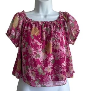 WAYF Women Crop Peasant Top S Pink Floral Smocked Off Shoulder Fairycore